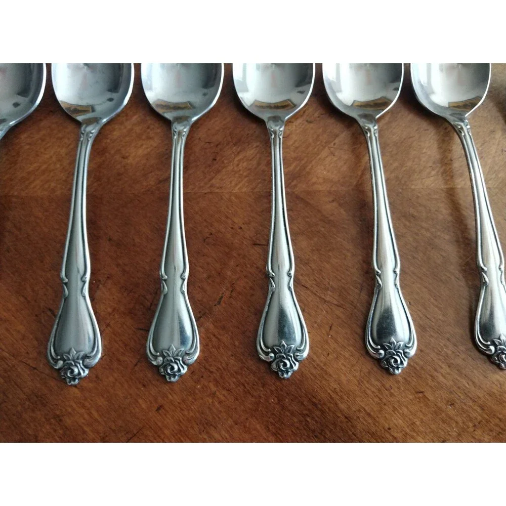 1881 Rogers Oneida Ltd Arbor Rose True Rose Stainless: Lot 7 Table Spoon + Fork